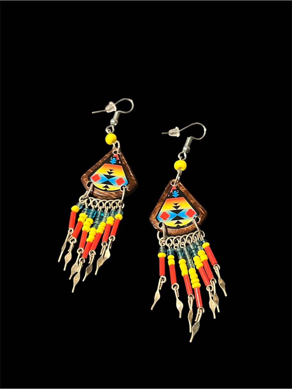 Handcrafted Yellow & Red Beaded Tribal coconut shell Drop Earrings